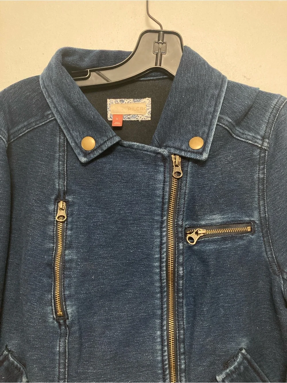 Pilcro Anthropologie Asymmetrical Zip Denim Moto Jacket Womens. Blue Size M